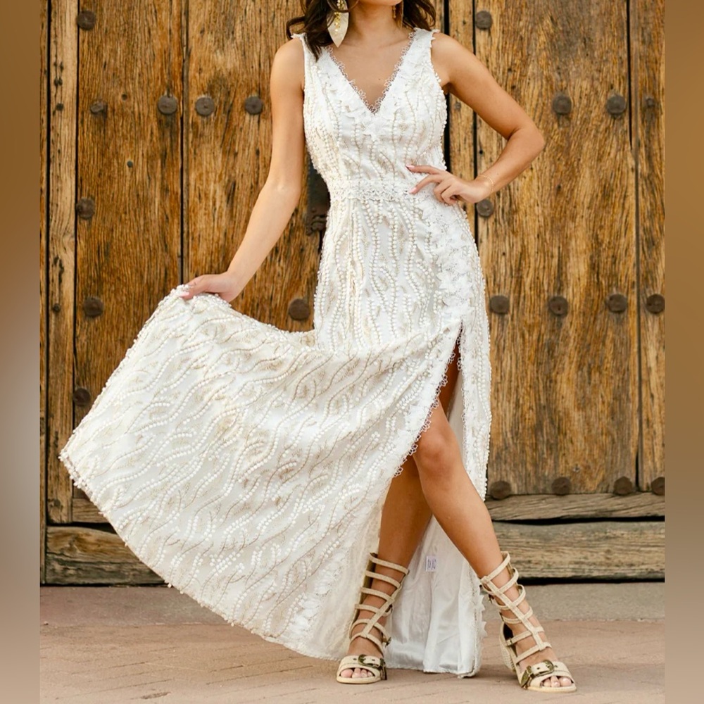 *New* Joyfolie Elegant Cream/White with Gold, Maxi Dress